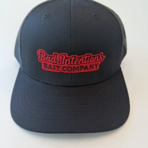 Black trucker hat with red embroidered logo