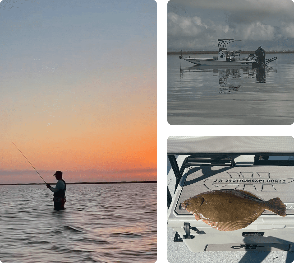 Sunset angler, boat, flounder on deck